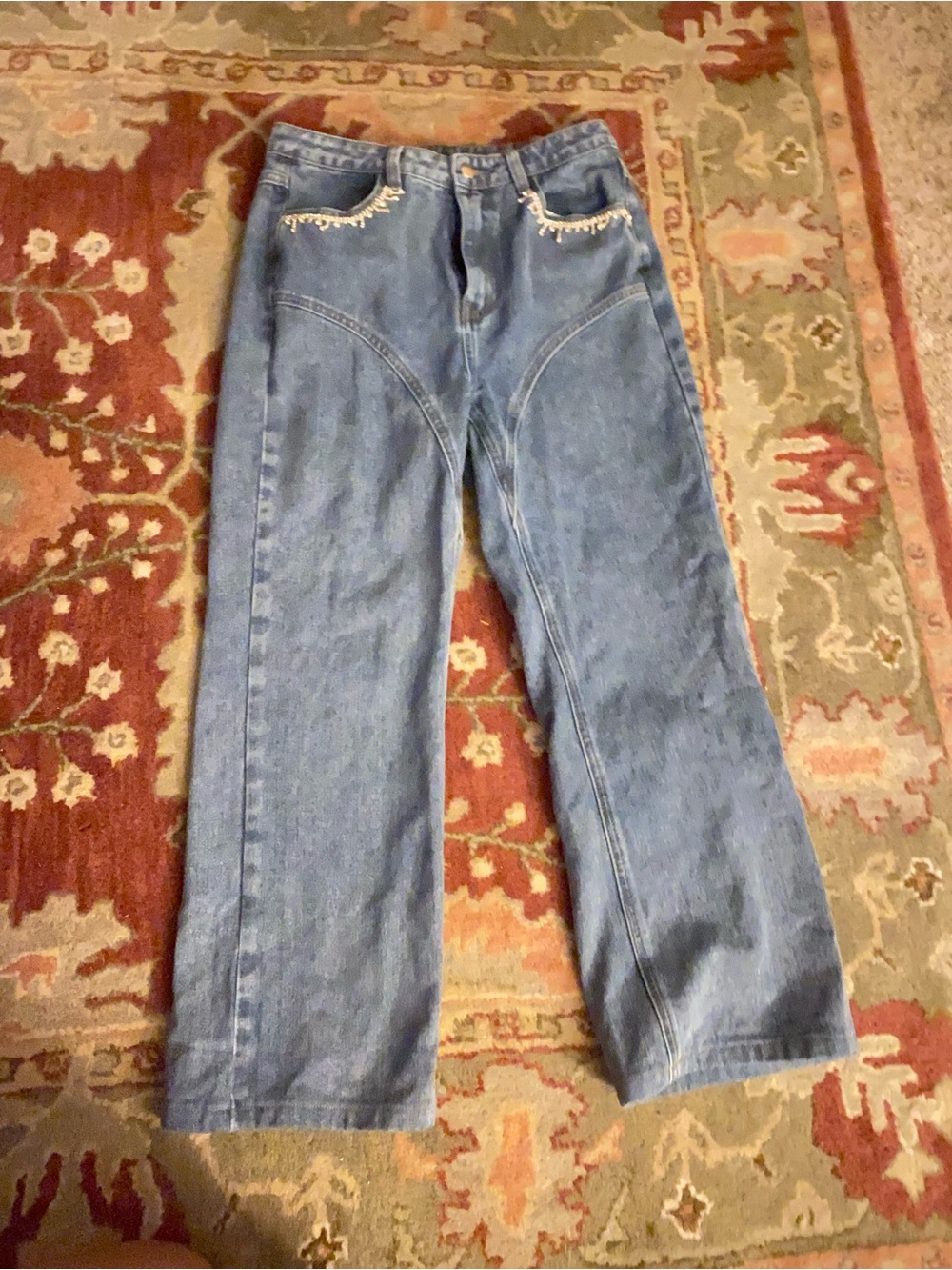 Cider Mid-Rise Wide-Leg Jeans in Light Blue Denim with Fringe Trim